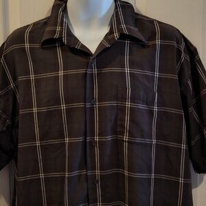 Woody's Retro Lounge Shirt Men's Size XXL 2X Brown White Plaid Print Button Down